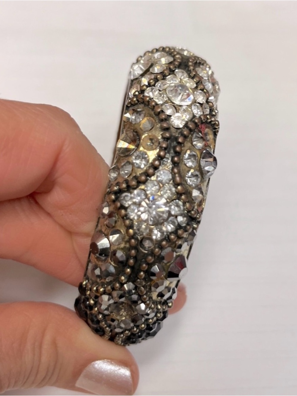 Crystal-Studded Antique Gold-Tone Bangle Bracelet - Clear Crystal